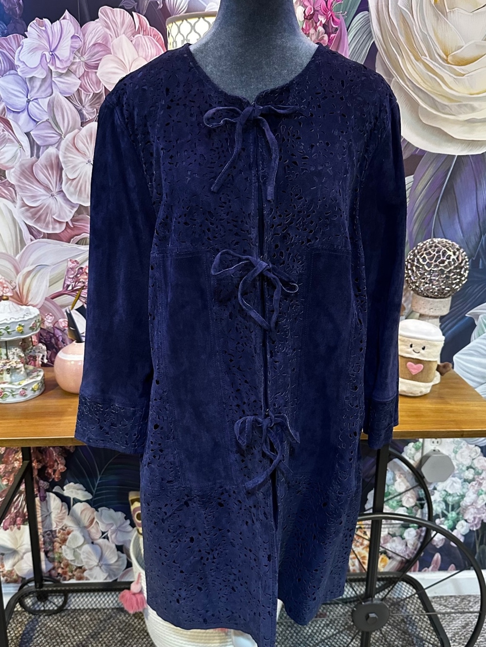 CNi by Faith XL 100% Suede Leather Duster Jacket Cutout Whimsigoth Navy Blue
